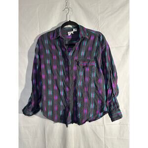 Vintage 90s Shirt Womens Medium Black Aztec Southwestern Button Boho Colorful